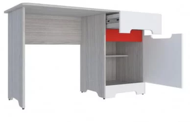 Письменный стол с полками и ящиками Палермо-3 Юниор Белый глянец Ясень шимо светлый Красный