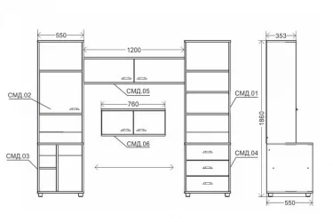 Стеллаж открытый с тумбой и ящиками Modul 4 Клен