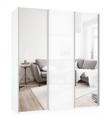Шкаф-купе трехдверный Прайм 1800 Зеркало/Белое стекло/Зеркало Белый снег