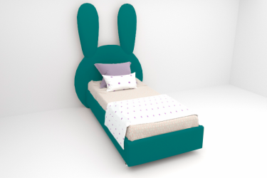 Детская кровать "Зайка" с ортопедическим основанием Цвет фасада: Бирюзовый; Цвет корпуса: Бирюзовый; Материал фасада: Металл/Велюр; Размер: 1200х2000 мм; Спальное место: 1200х2000 мм 