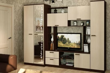 Современная стенка в гостиную Флора Ясень Шимо тёмный светлый