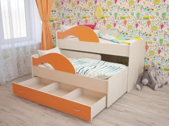 Кровать выкатная двухъярусная РАДУГА Без ящика Дуб млечный / Оранжевый