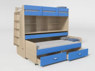Кровать 2х ярусная №2 с ящиками и столом Дуб молочный/Синий