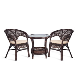 Террасовый комплект ПЕЛАНГИ (стол со стеклом + 2 кресла) / с подушками / ротанг, кресло 65х65х77см, стол диаметр 64х61см, валнут (грецкий орех) / PELANGI walnut