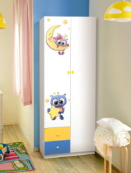 Шкаф 2-х дверный комбинированный с ящиками, зеркалом и фотопечатью Совята 2.1 Белый/Оранжевый/Лайм