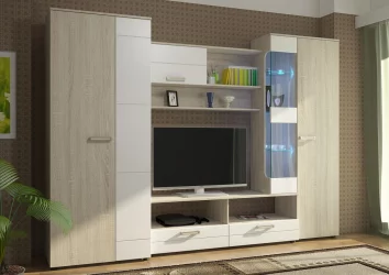 Современная стенка в гостиную Флоренция 5 Белый глянец/Дуб сонома светлый