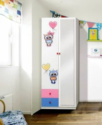 Шкаф 2-х дверный комбинированный с ящиками и фотопечатью Совята 2.2 Белый/Желтый/Синий