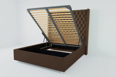 Мягкая интерьерная кровать "Версаль Люкс" с подъемным механизмом Материал фасада: Искусственная кожа; Спальное место: 1200х2000 мм; Цвет фасада: Коричневый; Цвет корпуса: Коричневый 