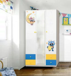 Шкаф 3-х дверный с ящиками и фотопечатью Совята 3.2 Белый/Оранжевый/Желтый