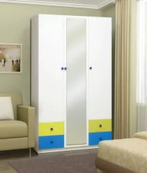 Шкаф 3-х дверный с ящиками и зеркалом Радуга Белый/Желтый/Синий
