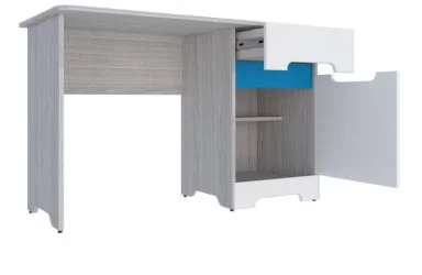 Письменный стол с полками и ящиками Палермо-3 Юниор Белый глянец Ясень шимо светлый Синий
