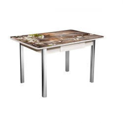 Стол нераздвижной с ящиком 1,2 Победа, СТЕКЛО, опоры полуовал ХРОМ, Беленый дуб/128947691_78939