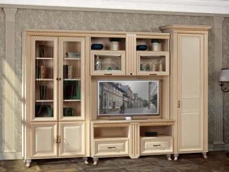 Модульный шкаф в гостиную Марлен 481 Кремовый белый Патина