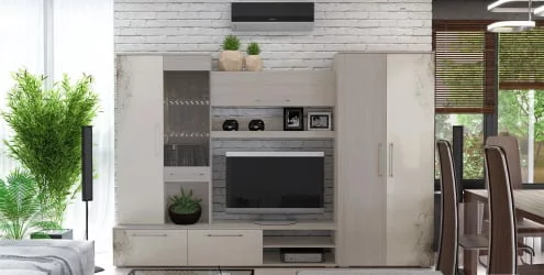 Современная стенка в гостиную Мишель Ясень шимо/Бежевый глянец