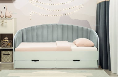 Кровать с продольной мягкой спинкой Софа №12.1 (800х1600) Дуб Крафт золотой Велюр 019