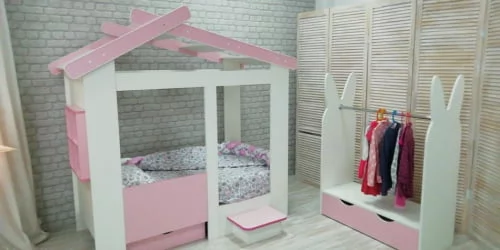 Кровать со ступенькой и ящиком и стеллаж Теремок + Зайка Белый-Розовый