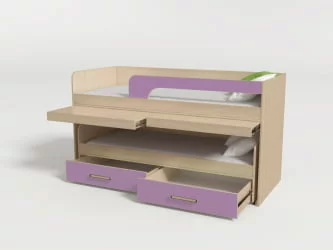 Двухъярусная кровать для детей №11 с ящиками и столами Дуб молочный/Лиловый