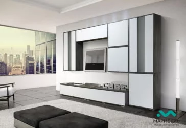 Модульный шкаф в гостиную Куб К06 Белый софт Ясень черный