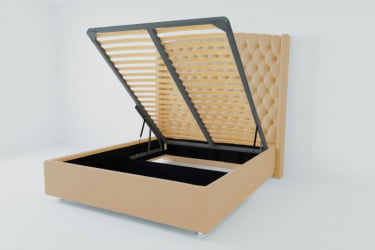 Мягкая интерьерная кровать "Берлин Люкс" с подъемным механизмом Материал фасада: Искусственная кожа; Спальное место: 2000х2000 мм; Цвет фасада: Бежевый; Цвет корпуса: Бежевый 