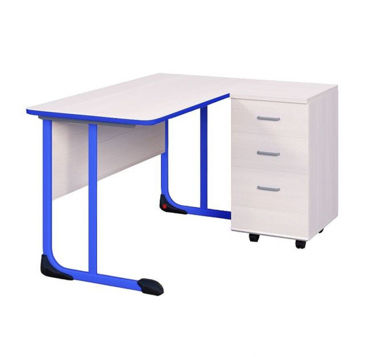 Стол учителя с тумбой 1350х650 с антивандальной полиуретановой кромкой Голубой/Серый_0