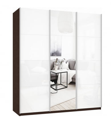 Шкаф-купе трехдверный Прайм 2100 Белое стекло/Зеркало/Белое стекло Венге_0