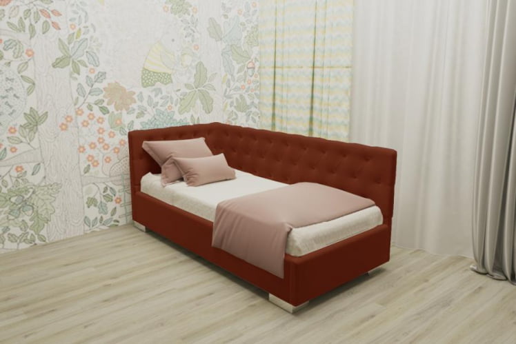 ДЕТСКАЯ МЯГКАЯ ИНТЕРЬЕРНАЯ КРОВАТЬ ВЕРСАЛЬ С ОРТОПЕДИЧЕСКИМ ОСНОВАНИЕМ (BERHOUSE) Цвет фасада: Оранжевый; Материал фасада: Металл/Велюр; Спальное место: 1200х1900_0