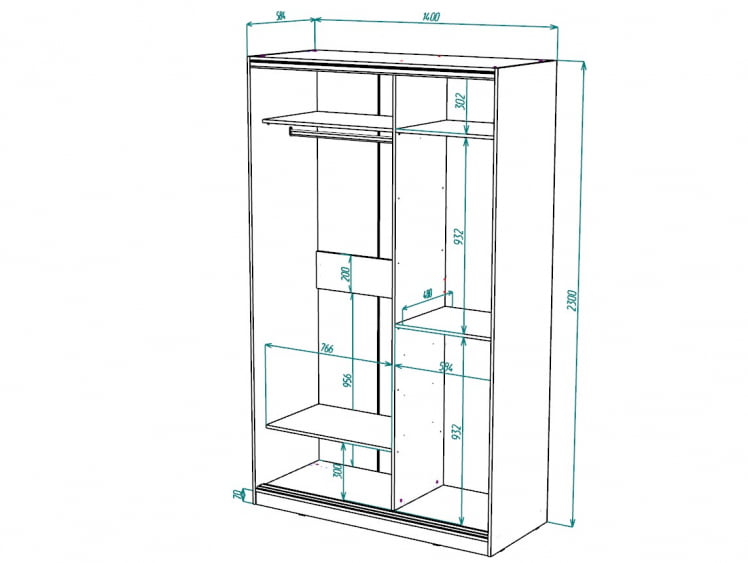 Шкаф-купе 2-х дверный Виктория 1400х584х2300, Белый 14ДЗДЗ-ПП-Б 310-63_2