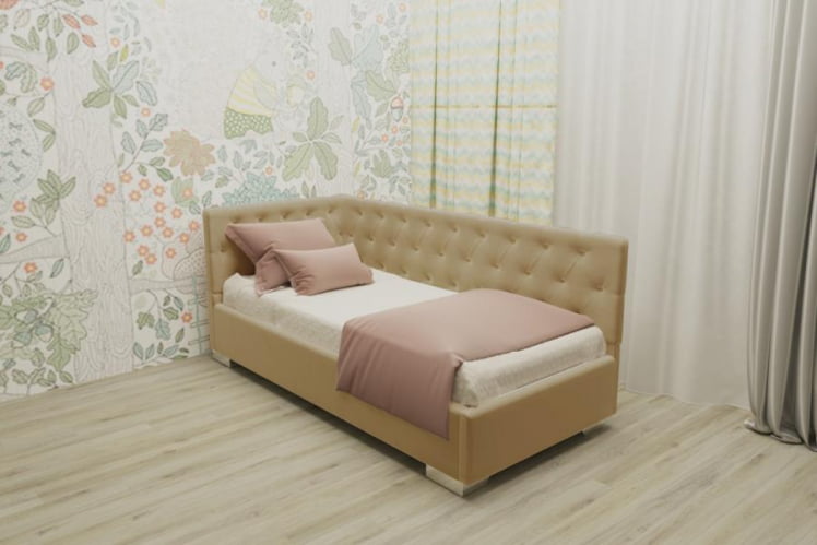 ДЕТСКАЯ МЯГКАЯ ИНТЕРЬЕРНАЯ КРОВАТЬ ВЕРСАЛЬ С ОРТОПЕДИЧЕСКИМ ОСНОВАНИЕМ (BERHOUSE) Цвет фасада: Светло коричневый; Материал фасада: Металл/Велюр; Спальное место: 1200х1900_0