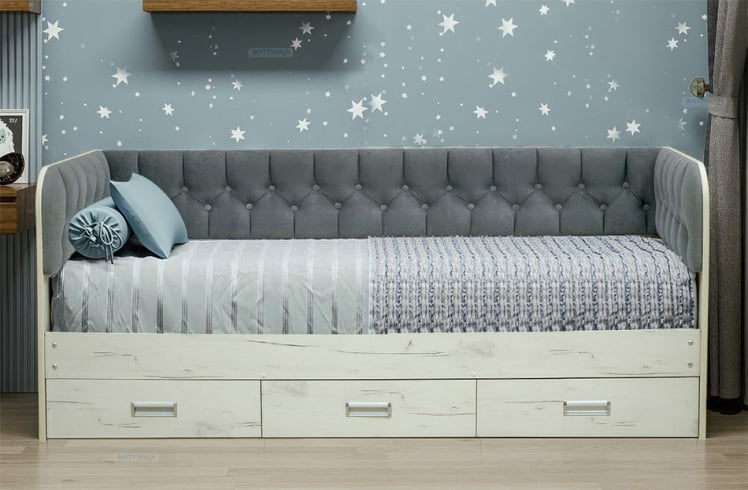 Кровать с продольной мягкой спинкой Софа №14.1 (900х2000) Дуб Крафт серый Велюр 017_0