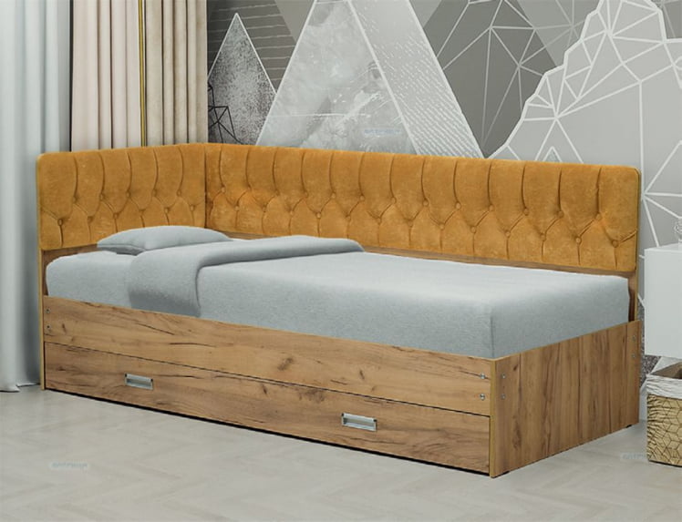 Кровать с продольной мягкой спинкой (левая) Софа №16 (800х2000) Дуб Крафт белый Велюр 011_0