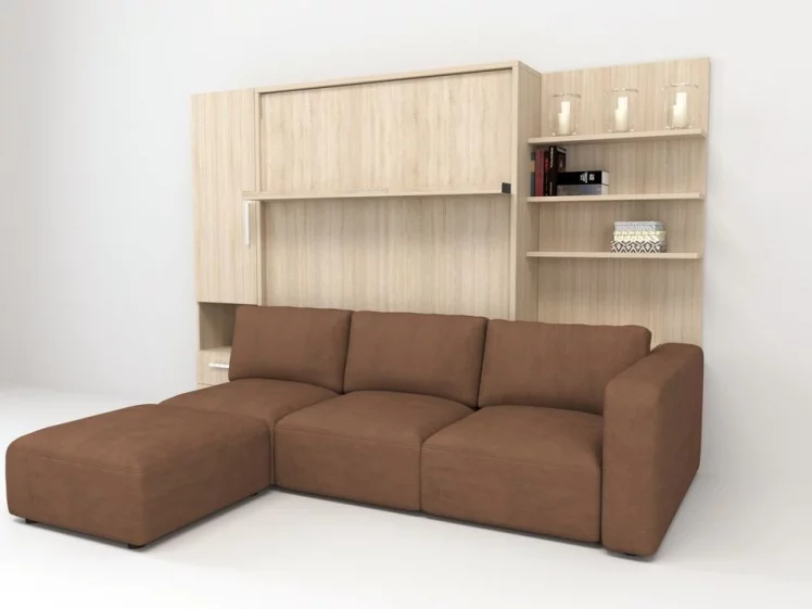 Шкаф-диван-кровать Смарт 1 левый с полкой и пуфом 1400 Дуб молочный_0