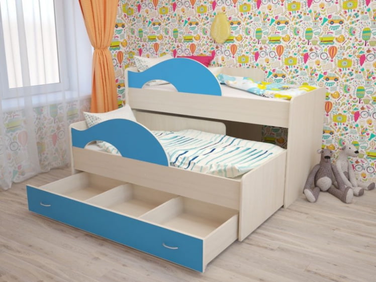 Кровать выкатная двухъярусная РАДУГА Без ящика Дуб млечный / Голубой_0