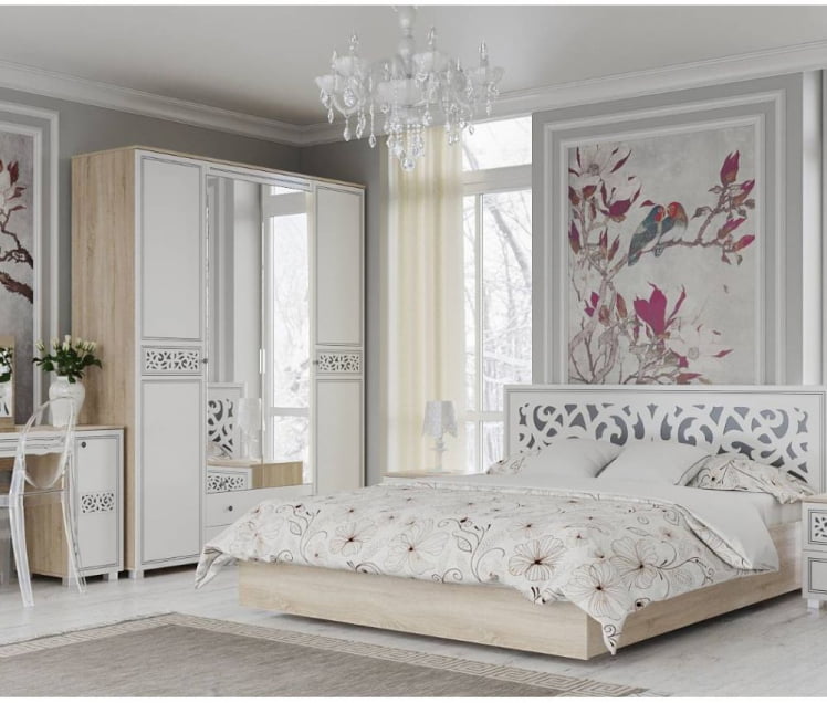 Кровать 1,6 м без ортопеда Мадлен 08 Дуб сонома светлый Ясень белый Золото_1