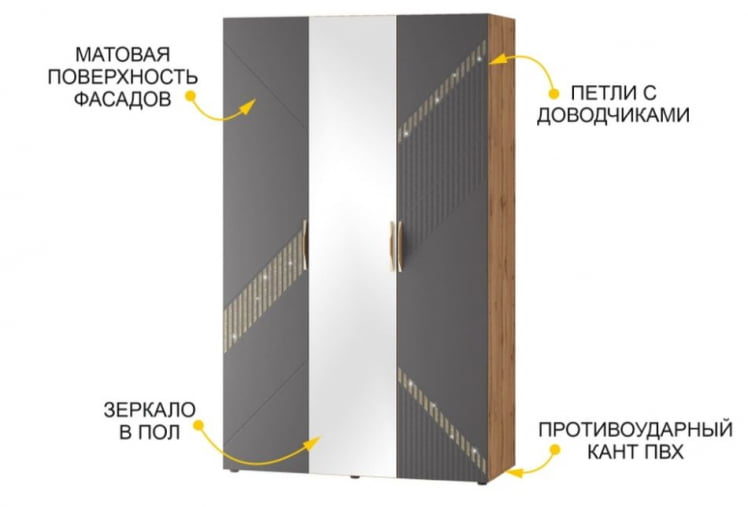 Шкаф трехдверный с зеркалом (лев/прав) Монако 902.12 Дуб Вотан Графит_3