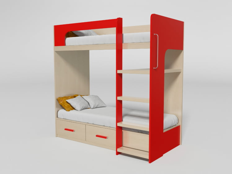 Кровать 2х ярусная №7 с ящиками Дуб молочный/Красный_0