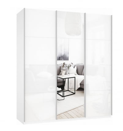 Шкаф-купе трехдверный Прайм 1800 Белое стекло/Зеркало/Белое стекло Белый снег_0