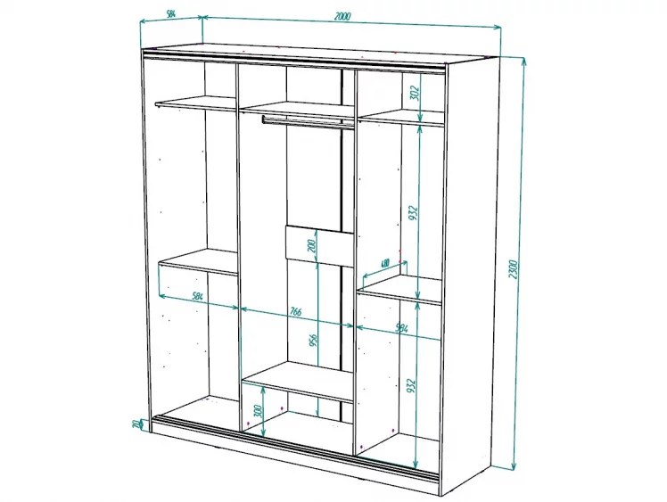 Шкаф-купе 3-х дверный Виктория 2000х584х2300, Дуб сонома светлый 20ДЗЗЗДЗЗЗДЗЗЗ-ЯЯПШ-Дсс 310-3250_2