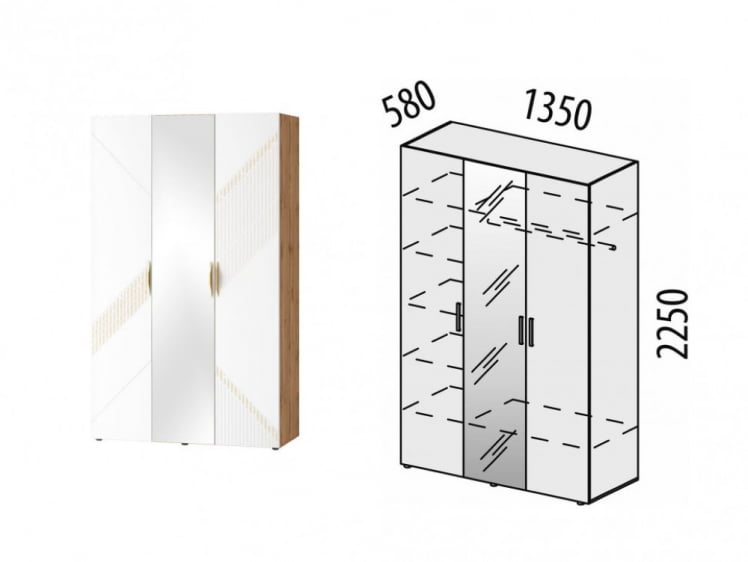 Шкаф трехдверный с зеркалом (лев/прав) Монако 903.12 Дуб Вотан / Белый шпон / Альпийский белый_5