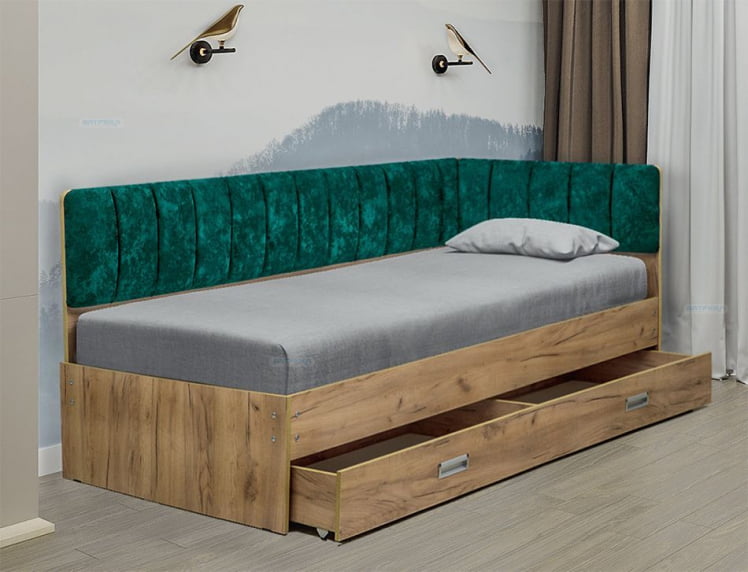 Кровать с продольной мягкой спинкой (правая) Софа №15 (800х2000) Дуб Крафт серый Велюр 007_0