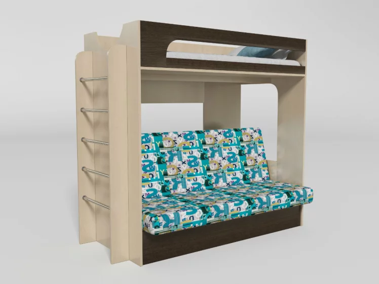 Кровать 2х ярусная №9 с диваном-кроватью Дуб молочный/Венге_0