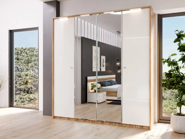 Шкаф четырехстворчатый с 2 зеркалами и декоративными накладками Фиджи 009 Дуб Золотой Белый_3