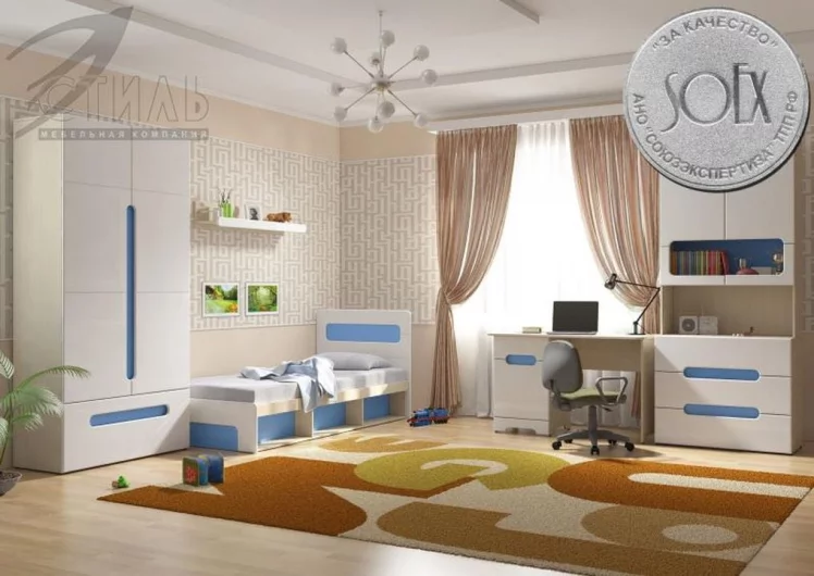 Кровать 0,9 с подъемным механизмом Палермо Юниор 01 Белый глянец Ясень шимо светлый Синий_5