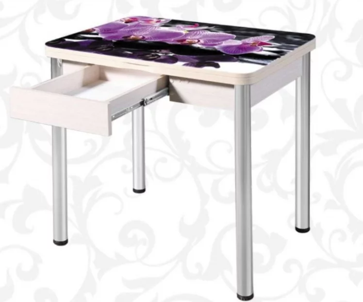 Стол поворотно-раскладной 1,2 Ника с ящиком СТЕКЛО, опоры D50 круглые ХРОМ, Беленый дуб/139222259_1