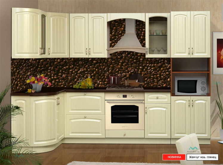Кухня угловая 2,8 м Кантри левая Жемчуг новый глянец Венге (лен)_0