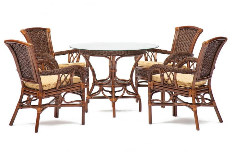 Комплект обеденный ANDREA ( стол со стеклом + 4 кресла + подушки) Pecan Washed (античн. орех), Ткань рубчик, цвет кремовый_0