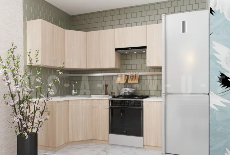 Гарнитур кухонный угловой 2100 с мойкой и сушкой Ромашка ГКУСМ2100-1.1.2 Ясень шимо светлый_1