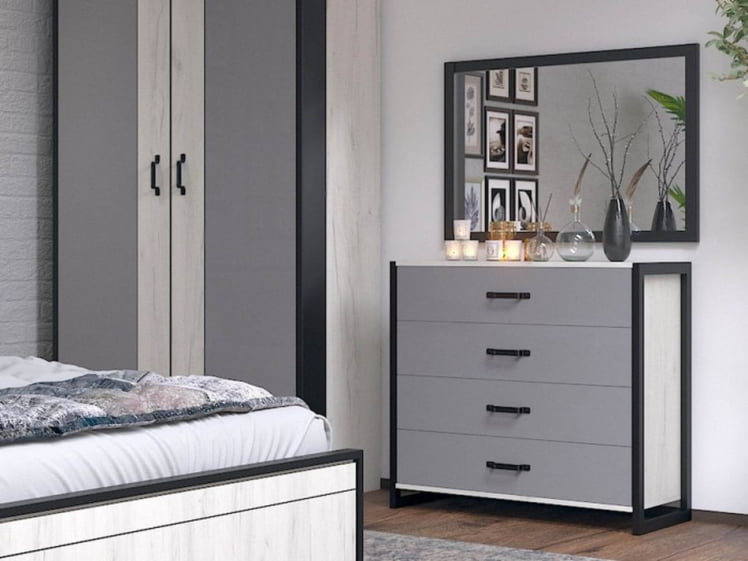 Комод с 4 ящиками с зеркалом Техно 050 Дуб Крафт белый Серый шифер_4